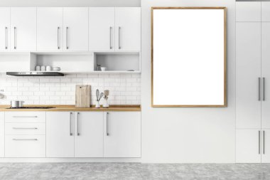Modern mutfakta asılı olan beyaz ve tuğla duvarlı, beton zemin, beyaz dolaplar ve mutfak tezgahlarıyla dikey model poster çerçevesi. 3d oluşturma