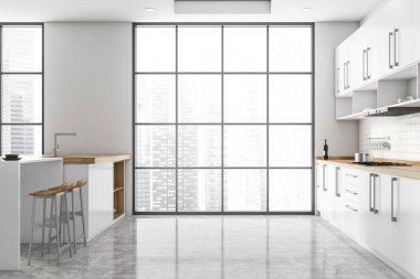 Beyaz ve tuğla duvarlı modern mutfağın yan görüntüsü, beton zemin, beyaz dolaplar ve tezgahlar, tabureli bar ve bulanık şehir manzaralı panoramik pencere. 3d oluşturma