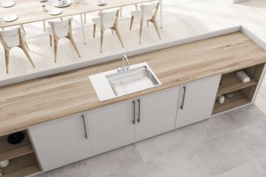 Ahşap ve fayansla döşenmiş şık mutfak manzarası lavabo ve beyaz sandalyeli yemek masası üzerine kurulu beyaz ve ahşap bir ada. 3d oluşturma