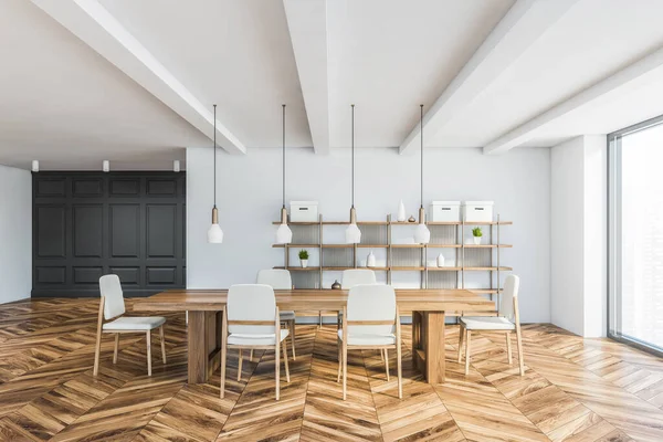 Intérieur Salon Élégant Avec Des Murs Blancs Gris Sol Bois — Photo