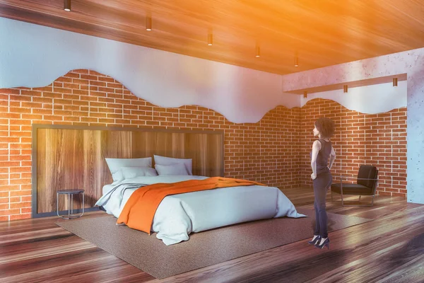 Beautiful Young African American Woman Standing Stylish Loft Bedroom Brick — Stock Photo, Image