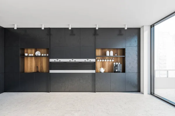 Interior Elegante Cocina Minimalista Con Paredes Madera Negro Suelo Baldosas — Foto de Stock