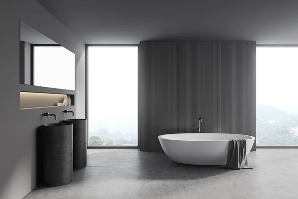 Interno Elegante Bagno Con Pareti Grigie Legno Pavimento Cemento Comoda — Foto Stock