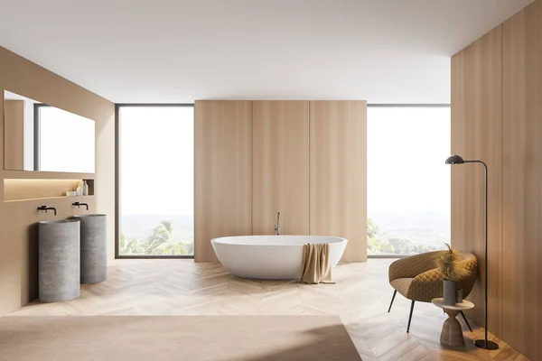 Interieur Eines Modernen Badezimmers Mit Beigen Und Hölzernen Wänden Holzboden — Stockfoto
