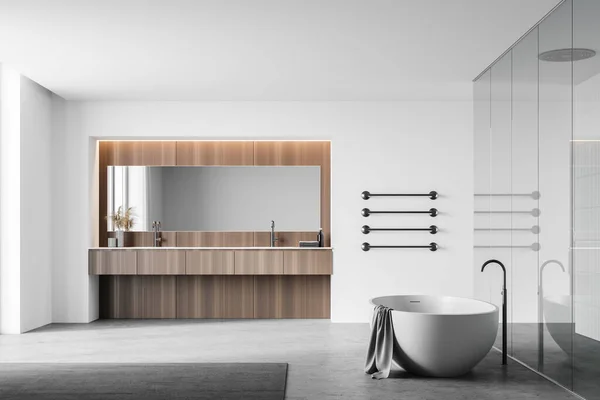 Interior Baño Moderno Con Paredes Blancas Madera Suelo Hormigón Cómoda — Foto de Stock