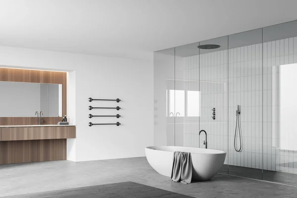 Moderne Badezimmerecke Mit Weißen Und Gefliesten Wänden Betonboden Bequemer Badewanne — Stockfoto