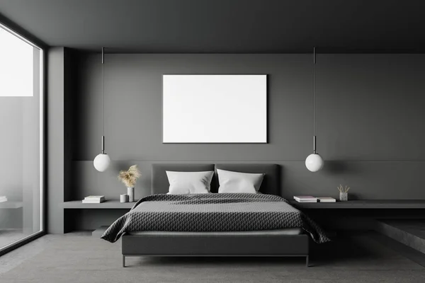 Cozy King Size Bed Standing Stylish Bedroom Interior Gray Walls — Stock Photo, Image