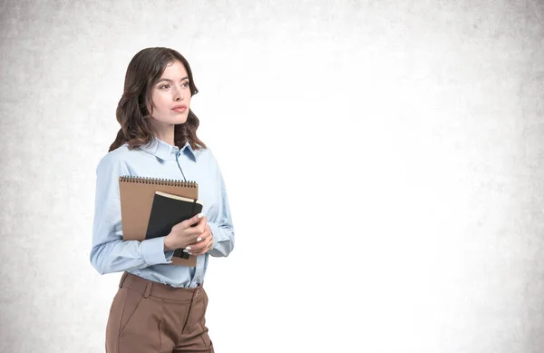 Portrait Beautiful Young European Businesswoman Student Long Dark Hair Holding — Stock Photo, Image