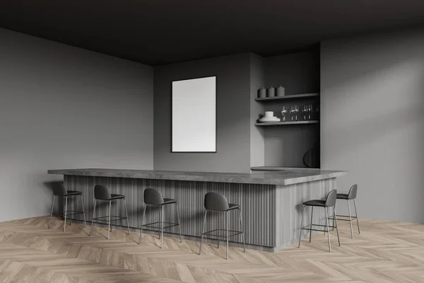 简约的阁楼风格的酒吧角落 有深灰色的墙壁 木制的地板 巨大的酒吧柜台与凳子和垂直的模拟海报框架 3D渲染 — 图库照片