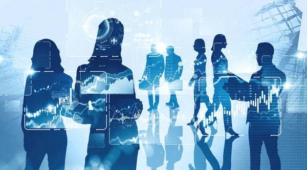 Silhouettes of business people working in blurry abstract city with double exposure of futuristic HUD business infographic interface. Toned image. Elements of this image furnished by NASA