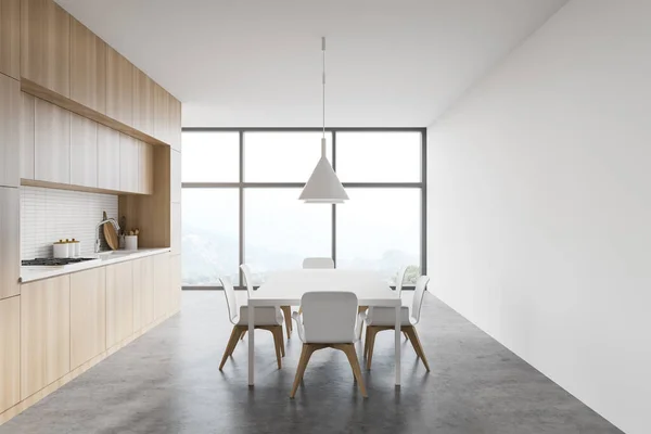 Side View Modern Kitchen White Walls Concrete Floor Wooden Countertops — Stock Photo, Image
