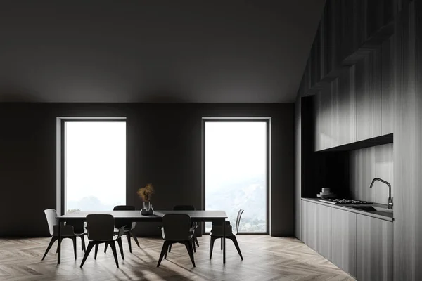 Side View Stylish Attic Kitchen Gray Dark Wooden Walls Wooden — Stock Photo, Image