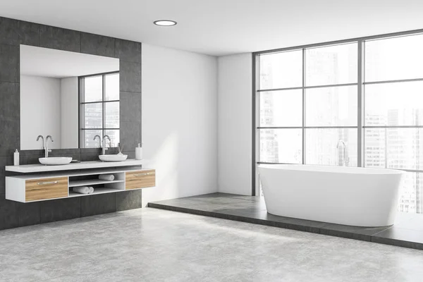 Corner Modern Panoramic Bathroom White Gray Tiled Walls Concrete Floor — Stock Photo, Image