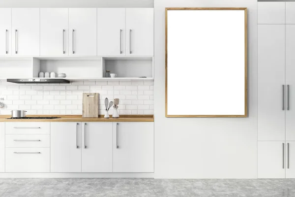 Modern Mutfakta Asılı Olan Beyaz Tuğla Duvarlı Beton Zemin Beyaz — Stok fotoğraf