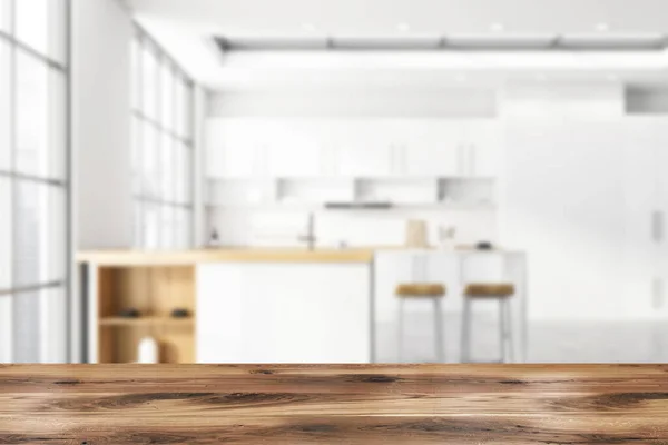 Drewniany Stół Dla Twojego Produktu Rozmytej Nowoczesnej Kuchni Białymi Ceglanymi — Zdjęcie stockowe