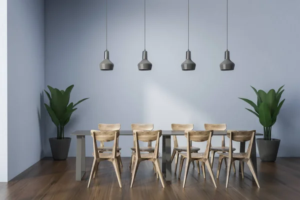 Interior Elegante Cafetería Oficina Con Paredes Azules Suelo Madera Mesa — Foto de Stock