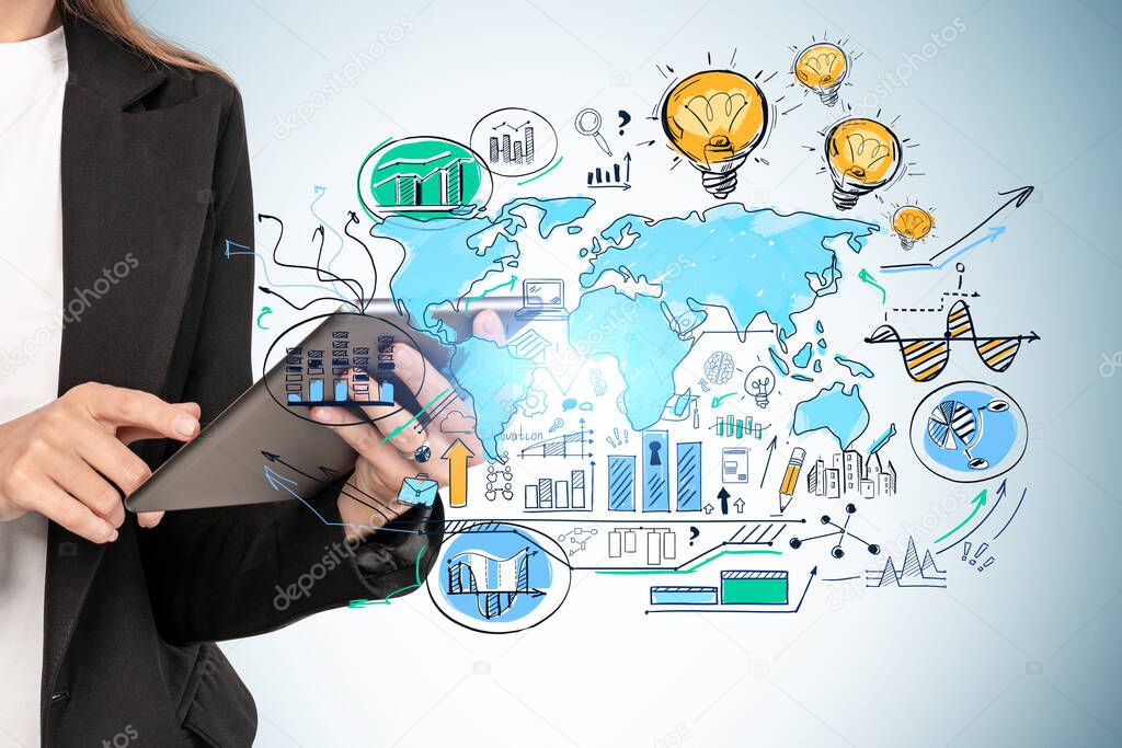 Unrecognizable businesswoman using tablet near blue wall with double exposure of global business sketch. Business strategy concept. Elements of this image furnished by NASA