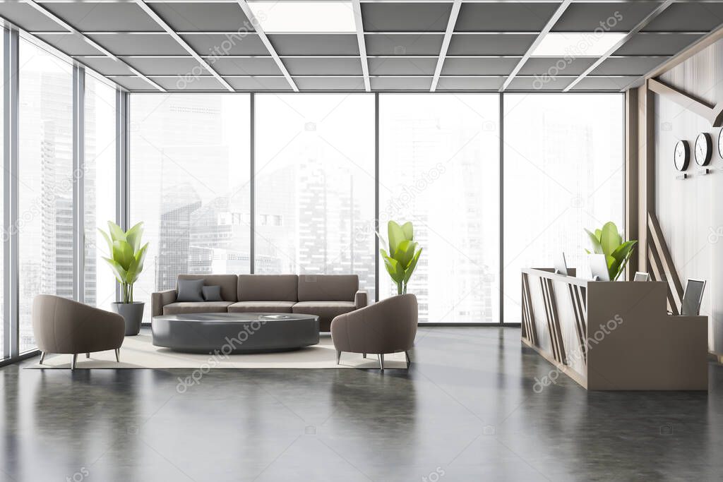 Interior of modern office waiting room with beige and wooden walls, concrete floor, comfortable reception desk and blurry cityscape. Clocks showing world time, brown sofa and armchairs. 3d rendering