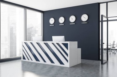 Beyaz ve siyah resepsiyon masası gri duvarları, beton zemini ve dünya zamanını gösteren saatleriyle şık bir ofis köşesinde duruyor. Bulanık şehir manzaralı bir pencere. 3d oluşturma