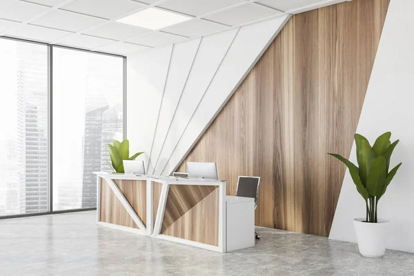有白色和木制墙壁 混凝土地面 舒适的接待处和模糊的城市景观的时尚的全景办公室候车室角落 3D渲染 — 图库照片