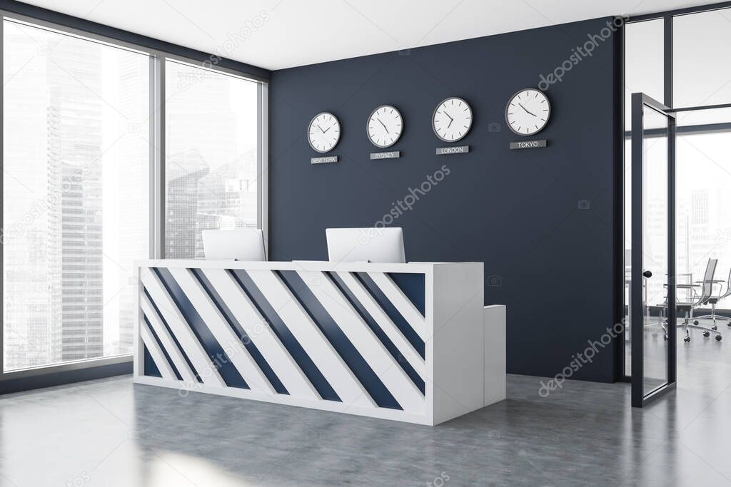 White and black reception desk standing in stylish office corner with gray walls, concrete floor and clocks showing world time. Window with blurry cityscape. 3d rendering