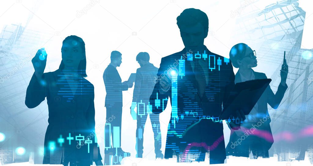 Silhouettes of business people working with blurry digital graphs in abstract city. Concept of market analysis and partnership. Toned image double exposure