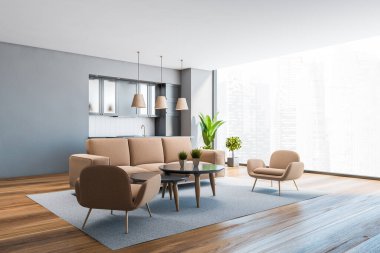 Gri duvarlı şık oturma odasının köşesi, bej kanepe ve arka planda gri dolaplarla birlikte yuvarlak kahve masaları ve mutfağın yanında duran koltuklar. Bulanık şehir manzarası. 3d oluşturma