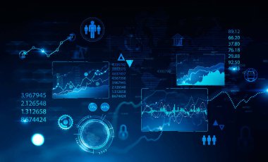 Bulanık mavi arkaplan üzerinde gelecekteki finansal bilgi arayüzü. İstatistik ve veri analizi kavramı. 3d rengarenk resim çift pozlama