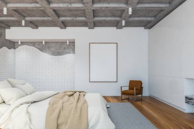 Modern tavan arası yatak odası, taş ve tuğla duvarlar, ahşap zemin, bej battaniyeli ve koltuklu rahat kral yatağı. Dikey maket posteri. 3d oluşturma