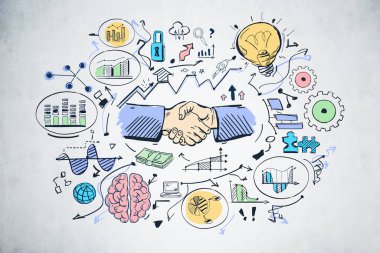 Beton duvara çizilmiş yaratıcı ve renkli iş ortaklığı skeci. İletişim ve takım çalışması kavramı