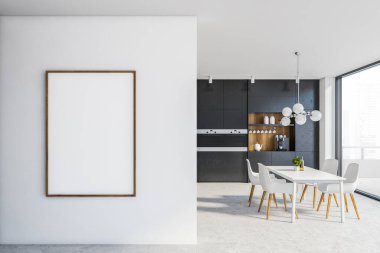 Beyaz ve ahşap duvarları olan şık bir mutfak, rahat siyah tezgahlar, dikey taklit posterler, sandalyeli beyaz yemek masası ve bulanık şehir manzaralı balkon. 3d oluşturma