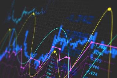 Bulanık ön x grafiğinin çift pozlama ile gelecekteki renkli finansal HUD arayüzü. Yatırım ve piyasa analizi kavramı. 3d rendelenmiş resim
