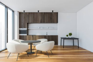 Beyaz duvarları, ahşap zemini, koyu ahşap tezgahı, beyaz koltuklu yuvarlak yemek masası, kahve masası ve bulanık manzaralı penceresi olan modern mutfağın içi. 3d oluşturma