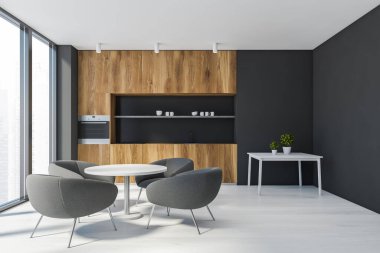 Siyah duvarları olan şık bir mutfak, ahşap zemin, koyu ahşap tezgah, gri koltuklu yuvarlak yemek masası, kahve masası ve bulanık şehir manzaralı bir pencere. 3d oluşturma