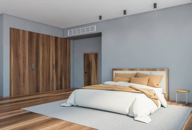 Gri duvarları, ahşap zemini, yuvarlak komodinleri ve ahşap gardırobu olan lüks yatak odasının köşesi. 3d oluşturma