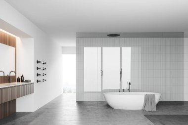 Modern banyo içi beyaz ve fayanslı duvarlar, beton zemin, rahat küvet, duş kabini, ahşap lavabo ve bulanık dağ manzaralı pencere. 3d oluşturma