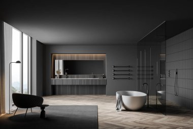 Gri ve ahşap duvarları olan şık bir banyo, ahşap zemin, rahat küvet, çift lavabo, duş kabini ve pencerenin yanındaki bulanık dağ manzaralı koltuk. 3d oluşturma