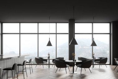 Koyu gri duvarlı panoramik kafeteryanın içi, ahşap zemin, tabureli bar tezgahı ve koltuklu rahat masalar. Bulanık dağ manzaralı bir pencere. 3d oluşturma