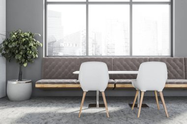 Beyaz ve gri duvarları olan şık bir kafe, beton zemin, sandalyeli uzun beyaz masalar ve rahat kahverengi koltuklar. Bulanık şehir manzaralı bir pencere. 3d oluşturma