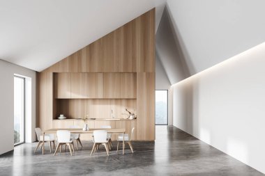 Beyaz ve ahşap duvarlı modern tavan arası mutfağı, beton zemin, ahşap tezgah ve beyaz sandalyeli yemek masası. Bulanık dağ manzaralı pencereler. 3d oluşturma