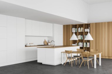 Modern mutfağın köşesinde beyaz ve ahşap duvarlar, beton zemin, beyaz tezgah, rahat ada, yemek masası ve kitaplık. 3d oluşturma