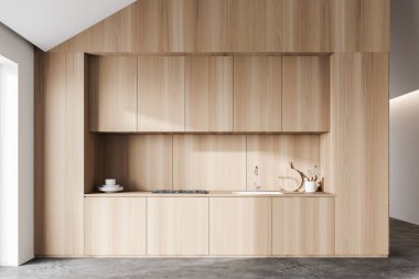 Beyaz ve ahşap duvarları, beton zemini ve ahşap tezgahları olan, fırın ve lavabodan yapılmış modern tavan arası mutfağı. 3d oluşturma