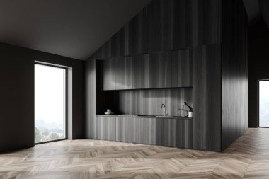 Gri ve koyu ahşap duvarları ve ahşap tezgahları olan, fırın ve lavabodan yapılmış şık tavan arası mutfağının köşesi. Bulanık dağ manzaralı pencereler. 3d oluşturma