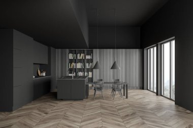 Gri ve ahşap duvarları, ahşap zemini, gri tezgahı, rahat adası, yemek masası ve kitaplığı olan şık bir mutfak. Bulanık tropikal manzara. 3d oluşturma