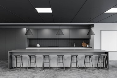 Beyaz duvarları, beton zemini, gri sandalyeli rahat masaları ve tabureli uzun bar tezgahı olan bir ofis restoranı. Dikey maket posteri. 3d oluşturma