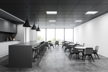 Beyaz duvarları, beton zemini, gri sandalyeli rahat masaları ve tabureli uzun bar tezgahı olan panoramik barın içi. Bulanık tropikal manzaralı bir pencere. 3d oluşturma