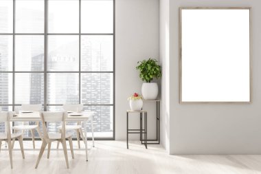Modern panoramik yemek odasının içinde bej duvarlar, ahşap zemin, beyaz sandalyeli uzun ahşap masa ve bulanık şehir manzaralı büyük pencere. Dikey olarak poster şöhreti. 3d oluşturma