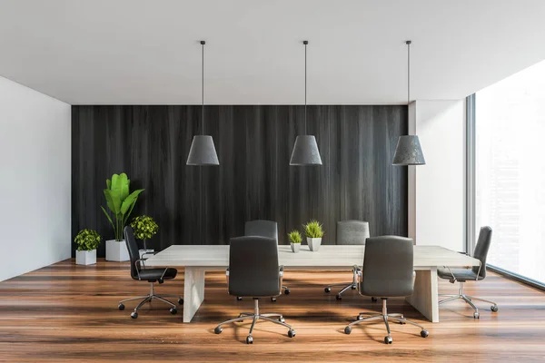 Interior Sala Conferencias Oficina Panorámica Con Paredes Madera Blanca Oscura —  Fotos de Stock