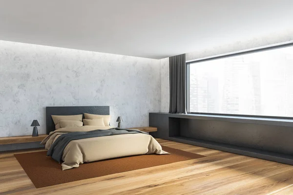 斯堪的纳维亚风格的主卧室角落 墙体为混凝土 地板为木制 床大小舒适 床呈米黄色和灰色 窗下有灰色架子 城市景观模糊 3D渲染 — 图库照片