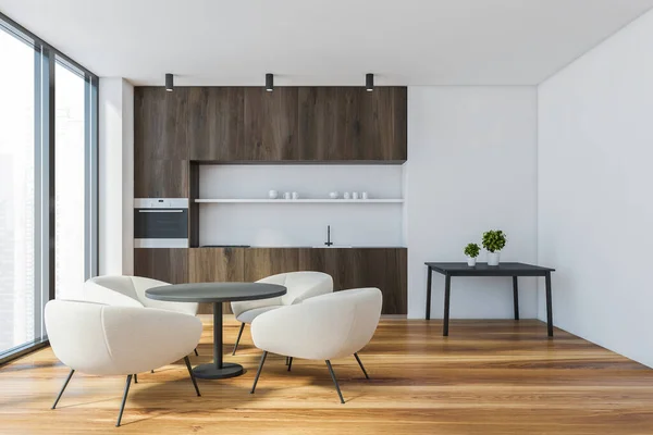 Interior Cocina Moderna Con Paredes Blancas Suelo Madera Encimeras Madera — Foto de Stock